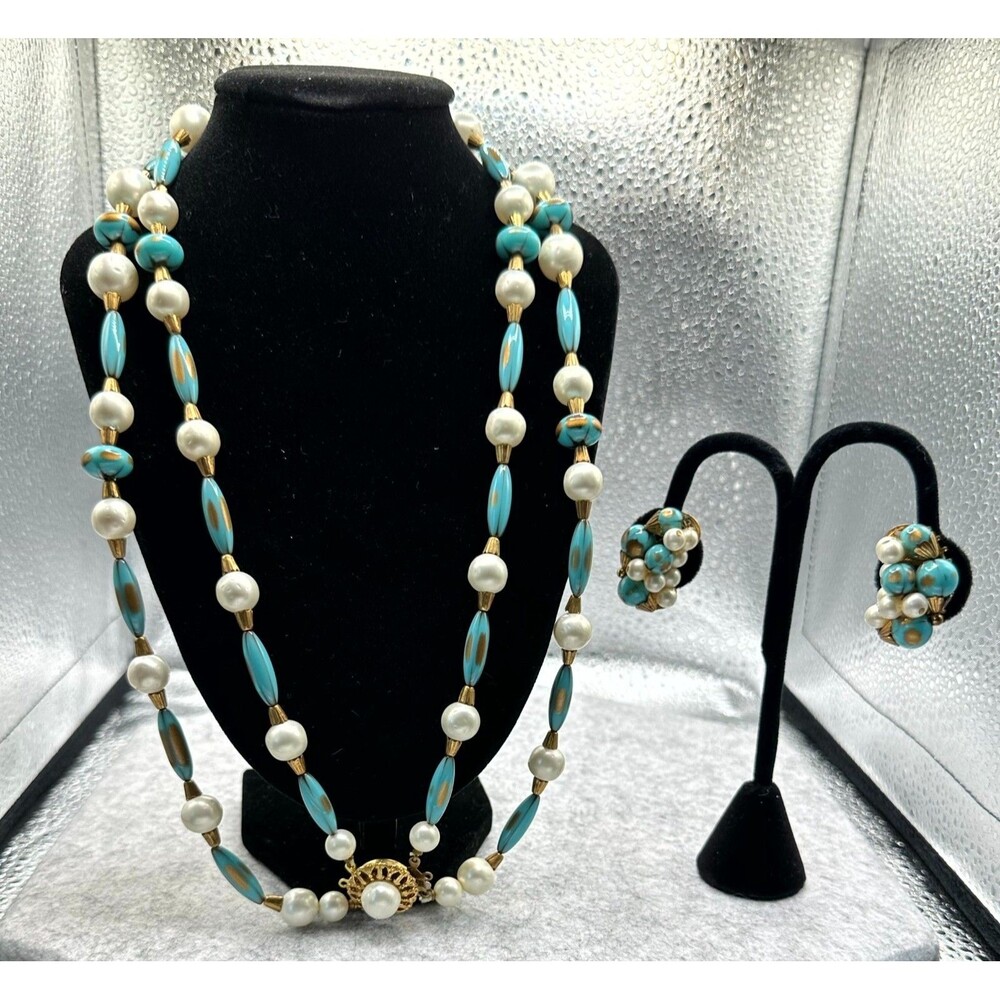 Vintage Aqua Blue Faux Pearl Double Strand Necklace Clip Earrings Set